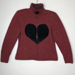 Jamie Kreitman Women's Small Red Black Full Zip Heart Detail Cardigan Sweater